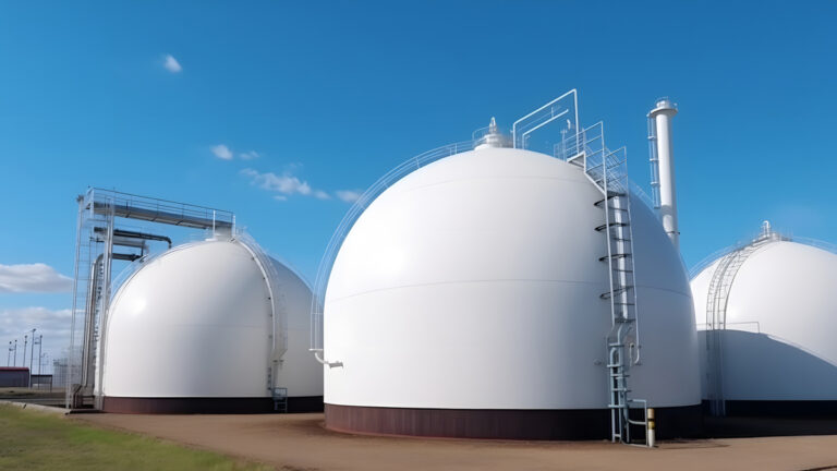 white spherical tanks for storing hydrogen gas at outdoor storage facility, neural network generated image